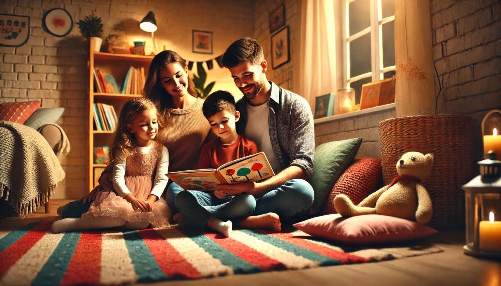 un padre y una amdre leyendo un cuentos a sus niños, es un cuento con historias cortas y divertidas