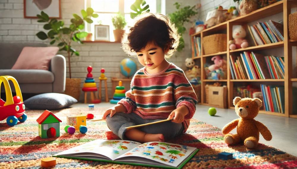 un niño que esta comenzando a leer y para aprender a leer esta leyendo un cuento corto