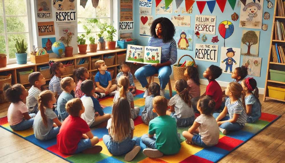 una maestra en clase enseña a los niños un cuento corto sobre el valor del respeto para aprender a ser respetuosos